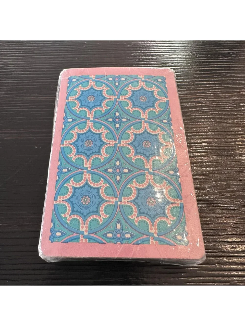 Vintage Harlequin Joker Plastic Coated Playing Cards Pink Blue Geometric Back